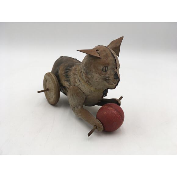 Antique Tin Wind-Up Cat Toy with Wood Ball Pull Toy Hand Painted - Picture 8 of 10